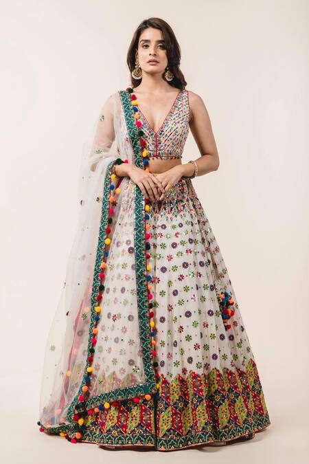 Buy Nitika Gujral White Lehenga And Blouse Georgette Dupatta Tulle V Neck Embroidered Bridal Set Online at Aza Fashions Buy_Nitika Gujral_White Lehenga And Blouse Georgette Dupatta Tulle V Neck Embroidered Bridal Set _Online_at_Aza_Fashions