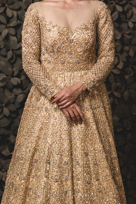 Golden Elegance: Yellow Silk Georgette Gown with Exquisite Embroidery –  KotaSilk