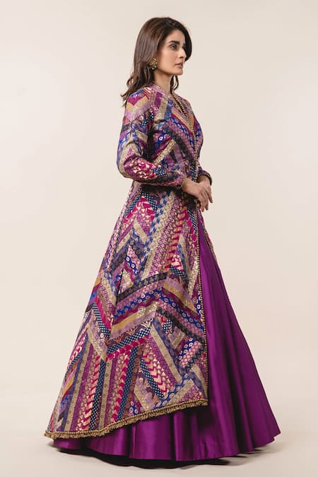 Nitika Gujral Purple Jacket Brocade Lehenga Taffeta Mandarin Collar And Set Online at Aza Fashions Nitika Gujral_Purple Jacket Brocade Lehenga Taffeta Mandarin Collar And Set _Online_at_Aza_Fashions