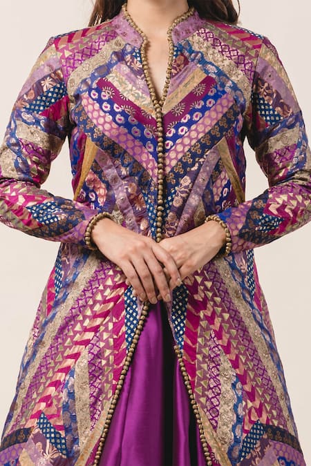 Nitika Gujral Purple Jacket Brocade Lehenga Taffeta Mandarin Collar And Set at Aza Fashions Nitika Gujral_Purple Jacket Brocade Lehenga Taffeta Mandarin Collar And Set _at_Aza_Fashions