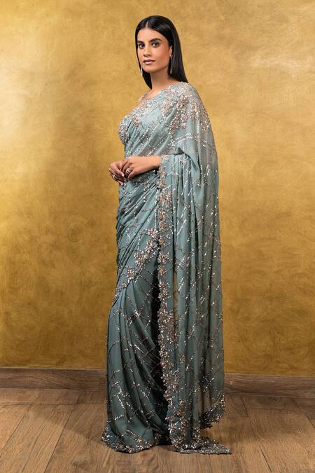 Buy Nitika Gujral Green Georgette Square Neck Embroidered Saree With Blouse Online at Aza Fashions Buy_Nitika Gujral_Green Georgette Square Neck Embroidered Saree With Blouse _Online_at_Aza_Fashions