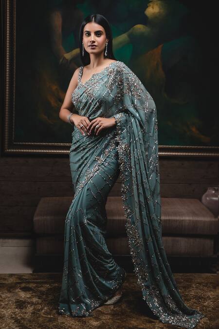 Shop Nitika Gujral Green Georgette Square Neck Embroidered Saree With Blouse Online at Aza Fashions Shop_Nitika Gujral_Green Georgette Square Neck Embroidered Saree With Blouse _Online_at_Aza_Fashions
