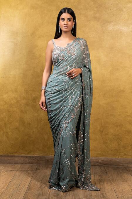 Buy Blue Saree Georgette And Blouse Raw Silk Sequin Work With Sleeveless  For Women by Nitika Gujral Online at Aza Fashions.