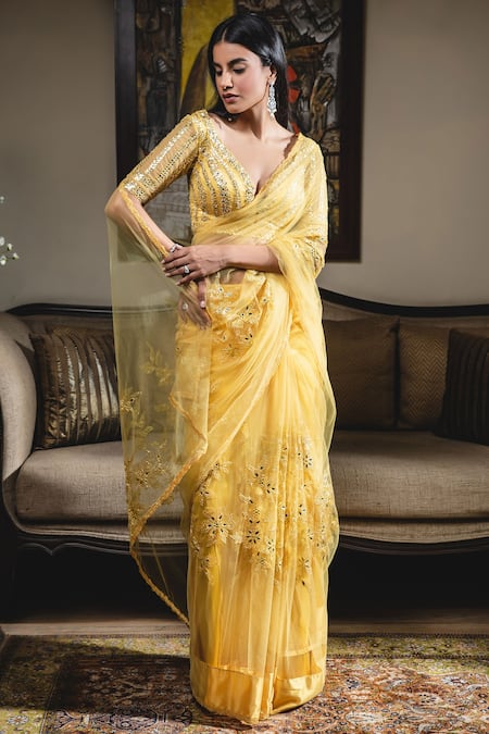 Nitika Gujral_Yellow Net Sweetheart Neck Embroidered Saree With Blouse _Online_at_Aza_Fashions