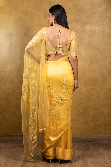 Shop_Nitika Gujral_Yellow Net Sweetheart Neck Embroidered Saree With Blouse _at_Aza_Fashions