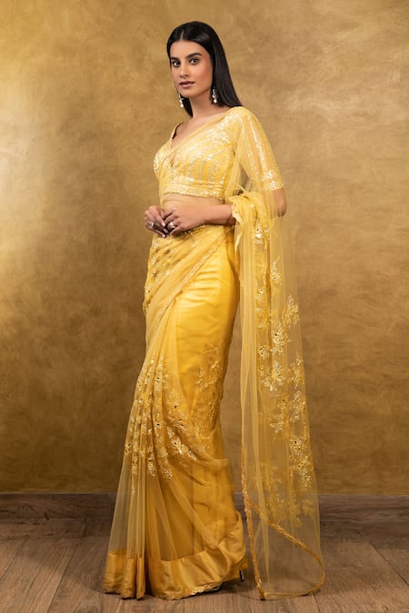 Buy_Nitika Gujral_Yellow Net Sweetheart Neck Embroidered Saree With Blouse _Online_at_Aza_Fashions