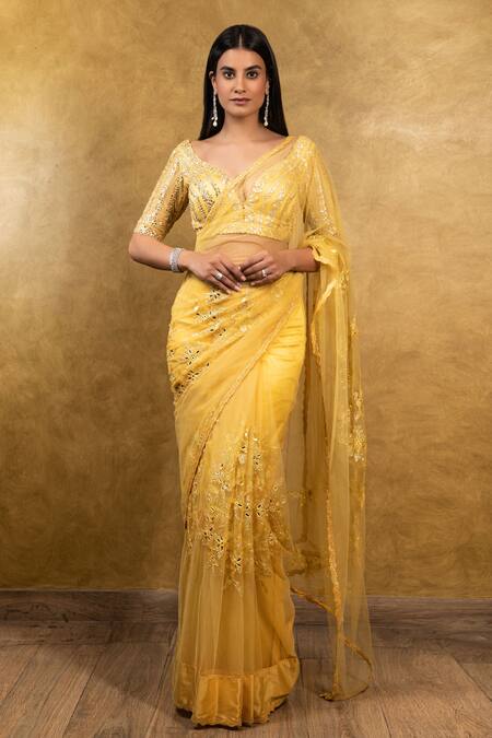 Shop_Nitika Gujral_Yellow Net Sweetheart Neck Embroidered Saree With Blouse _Online_at_Aza_Fashions