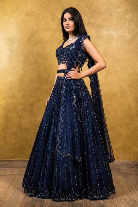 Nitika Gujral_Blue Net Embroidery V Neck Bridal Lehenga Set _Online_at_Aza_Fashions