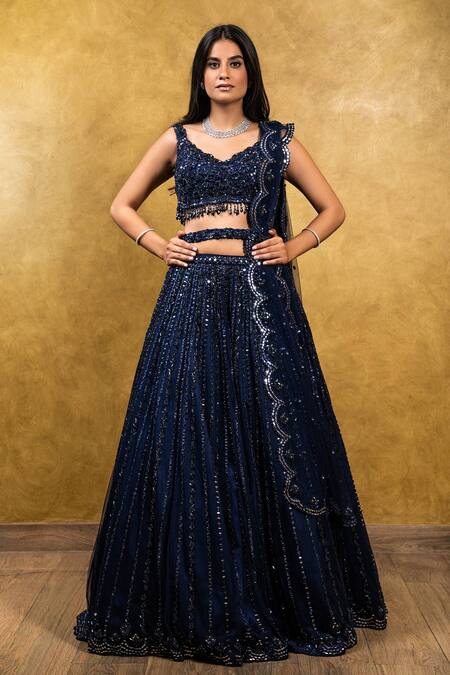 Shop_Nitika Gujral_Blue Net Embroidery V Neck Bridal Lehenga Set _Online_at_Aza_Fashions