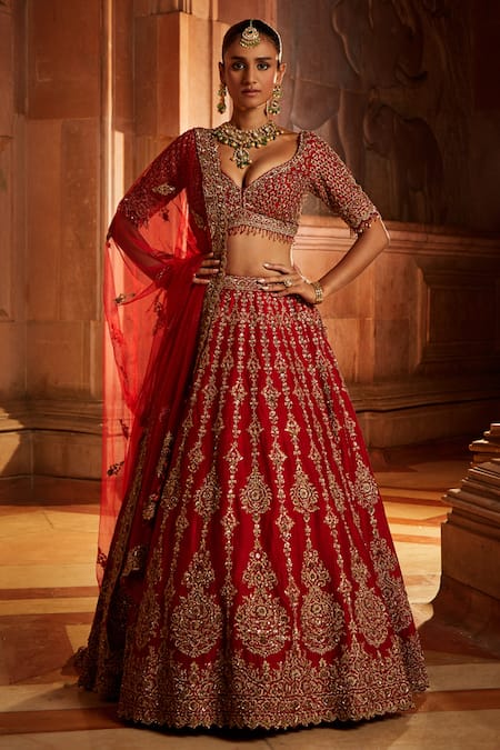 Buy Red Raw Silk Embroidered Floral Leaf Neck Bridal Lehenga Set For Women By Nitika Gujral 