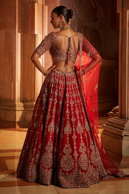 Red Designer Bridal Long Trail Lehenga Choli with Golden Embroidery -