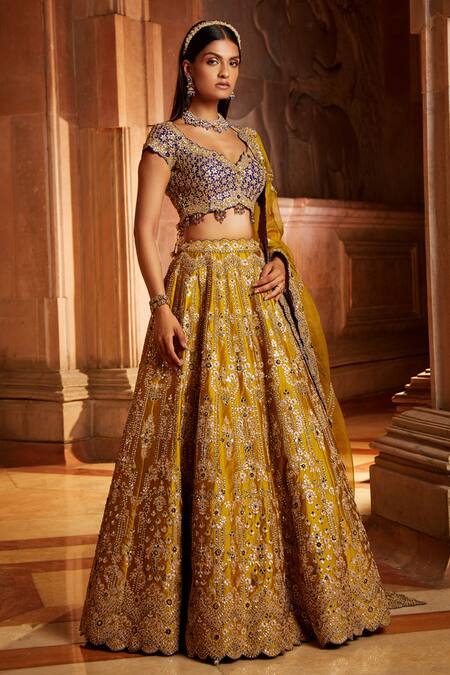 Nitika Gujral Yellow Organza, Taffeta Floral Leaf Neck Gota Embroidered Bridal Lehenga Set Online at Aza Fashions Nitika Gujral_Yellow Organza, Taffeta Floral Leaf Neck Gota Embroidered Bridal Lehenga Set _Online_at_Aza_Fashions