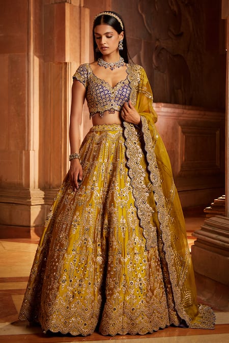 Buy Nitika Gujral Yellow Organza, Taffeta Floral Leaf Neck Gota Embroidered Bridal Lehenga Set Online at Aza Fashions Buy_Nitika Gujral_Yellow Organza, Taffeta Floral Leaf Neck Gota Embroidered Bridal Lehenga Set _Online_at_Aza_Fashions