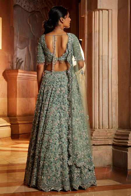 Shop_Nitika Gujral_Green Tulle Floral Plunge V Neck Embroidered Bridal Lehenga Set _at_Aza_Fashions