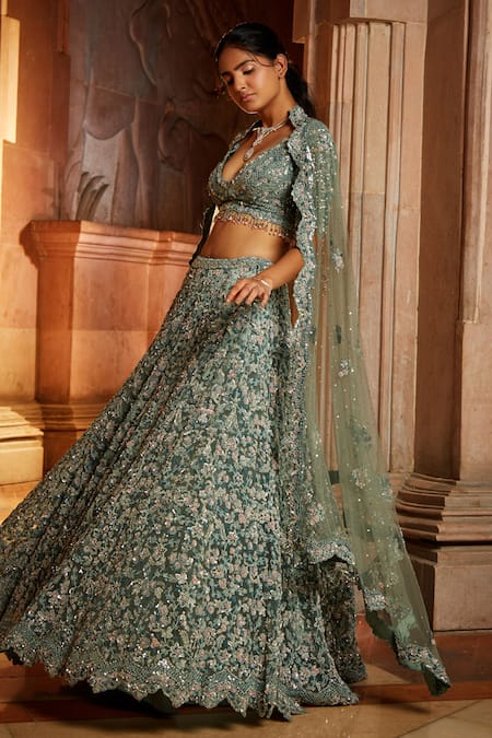 Nitika Gujral_Green Tulle Floral Plunge V Neck Embroidered Bridal Lehenga Set _Online_at_Aza_Fashions