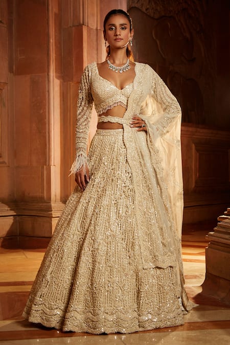 Buy Beige Blouse And Lehenga Raw Silk & Dupatta Sequin Bridal Set For Women  by Seema Gujral Online at Aza Fashions.