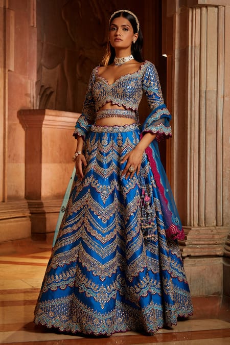 Nitika Gujral Blue Taffeta Embroidered Floral Sweetheart Neck Bridal Lehenga Set 