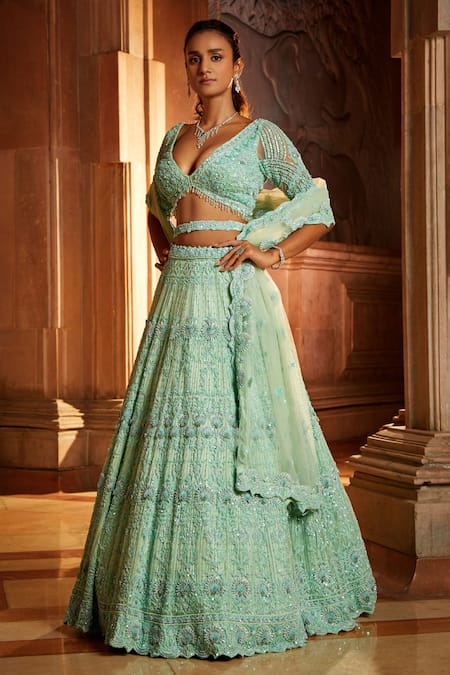 Buy Fern Green Lehenga Choli In Net With Stone Hand Embroidered Floral  Motifs And Fancy Origami Cones On The Shoulder KALKI Fashion India