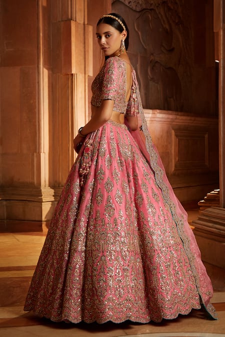 Shop Nitika Gujral Pink Organza Floral Plunge V Neck Embroidered Bridal Lehenga Set at Aza Fashions Shop_Nitika Gujral_Pink Organza Floral Plunge V Neck Embroidered Bridal Lehenga Set _at_Aza_Fashions