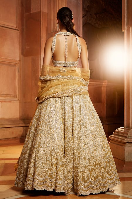 Nitika Gujral_Gold Tulle Sequins, Crystals, Beads High Floral Embroidered Bridal Lehenga Set _Online_at_Aza_Fashions