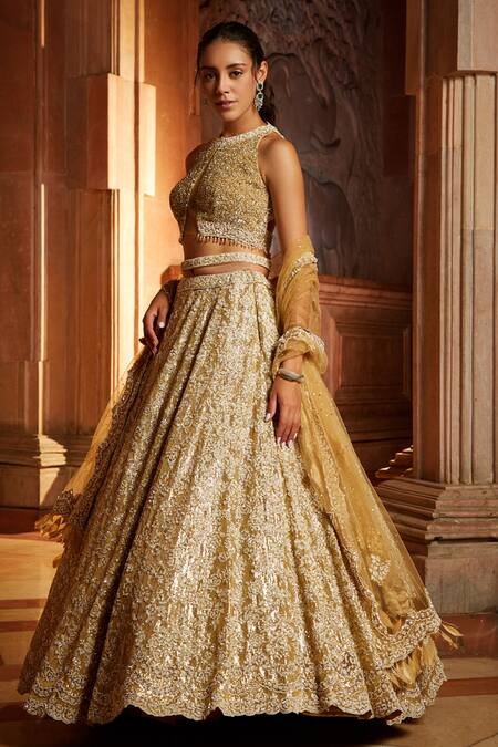 Pale Peach Peach Net Lehenga by Falgungi Shane Peacock for rent online |  FLYROBE