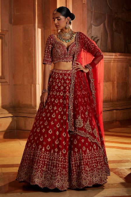 Buy Red Raw Silk Embroidered Zari Plunge V Neck Bridal Lehenga Set For