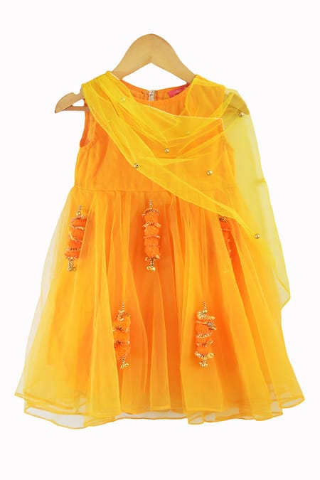 Shop Label Neeti Orange Net, Cotton Tassels, Pom-poms Dress With Draped Dupatta at Aza Fashions Shop_Label Neeti_Orange Net, Cotton Tassels, Pom-poms Dress With Draped Dupatta _at_Aza_Fashions