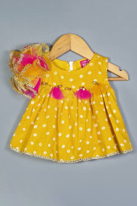 Label Neeti_Yellow Cotton Tassels Bandhani Pattern Lehenga Set_Online_at_Aza_Fashions