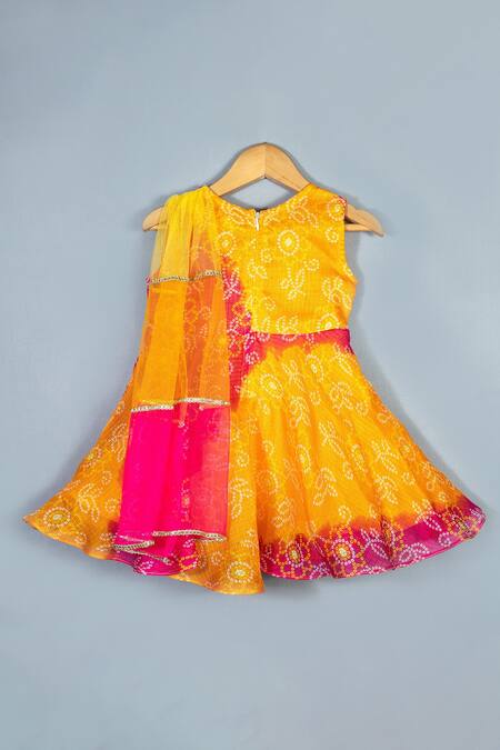 Shop Label Neeti Yellow Kota Doria, Cotton Patti Bandhej Print Dress With Dupatta at Aza Fashions Shop_Label Neeti_Yellow Kota Doria, Cotton Patti Bandhej Print Dress With Dupatta_at_Aza_Fashions
