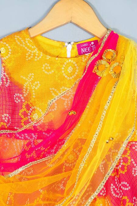 Label Neeti Yellow Kota Doria, Cotton Patti Bandhej Print Dress With Dupatta Online at Aza Fashions Label Neeti_Yellow Kota Doria, Cotton Patti Bandhej Print Dress With Dupatta_Online_at_Aza_Fashions