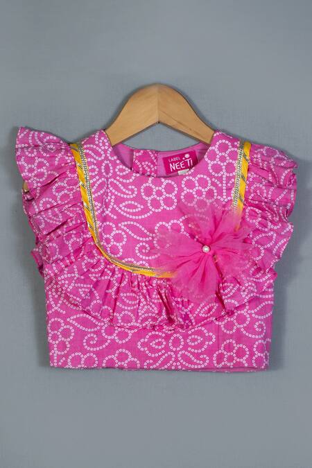 Label Neeti_Pink Cotton, Chiffon Fringe Bandhej Pattern Lehenga Set_Online_at_Aza_Fashions