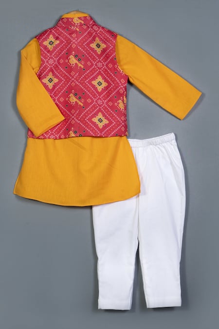 Shop Label Neeti Orange Cotton, Muslin Embroidery Patola Print Bundi And Kurta Set at Aza Fashions Shop_Label Neeti_Orange Cotton, Muslin Embroidery Patola Print Bundi And Kurta Set _at_Aza_Fashions