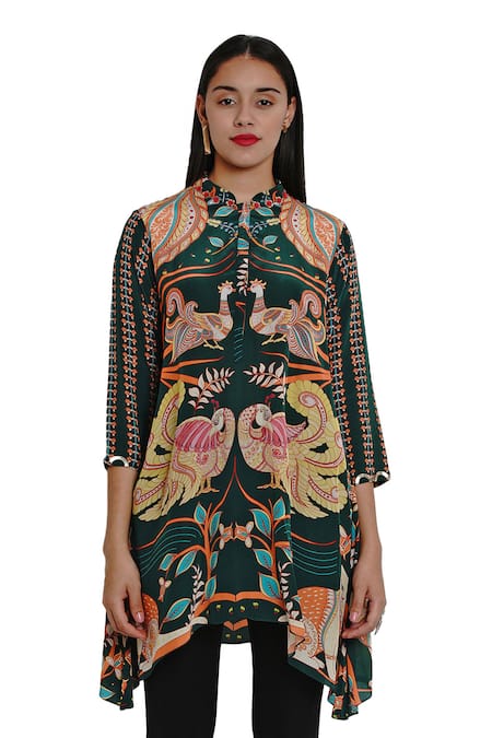 Buy Green Crepe Mandarin Collar Print Asymmetric Tunic For Women by ...