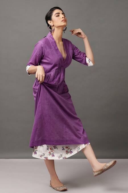 NUHH_Purple 100% Cotton V Neck Striped Dress _Online_at_Aza_Fashions