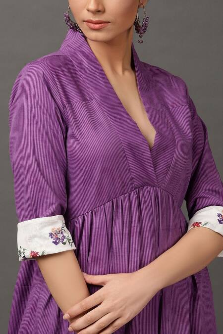 Shop_NUHH_Purple 100% Cotton V Neck Striped Dress _Online_at_Aza_Fashions