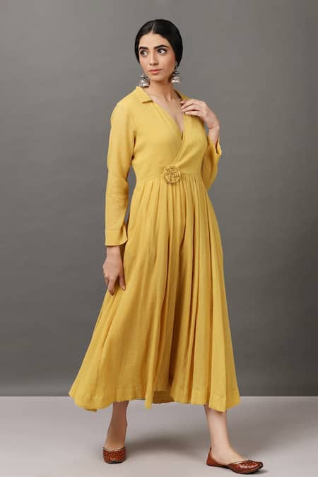 NUHH_Yellow 100% Cotton Collared Neck Overlaped Dress _Online_at_Aza_Fashions