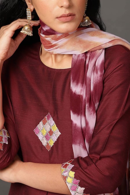 Shop_NUHH_Maroon Dupatta 100% Viscose, Kurta And Pant Pst Silk Round Pleated Set _Online_at_Aza_Fashions