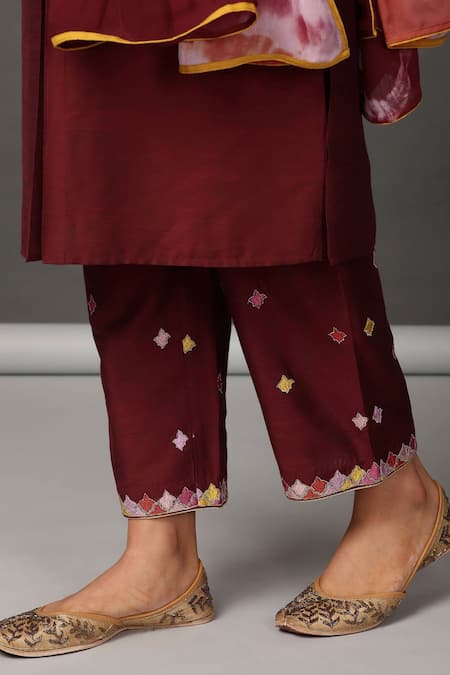 NUHH_Maroon Dupatta 100% Viscose, Kurta And Pant Pst Silk Round Pleated Set _at_Aza_Fashions