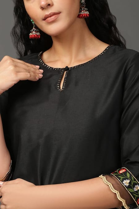 NUHH_Black Dupatta Organza, Kurta And Pant Pst Silk Keyhole Set With _Online_at_Aza_Fashions