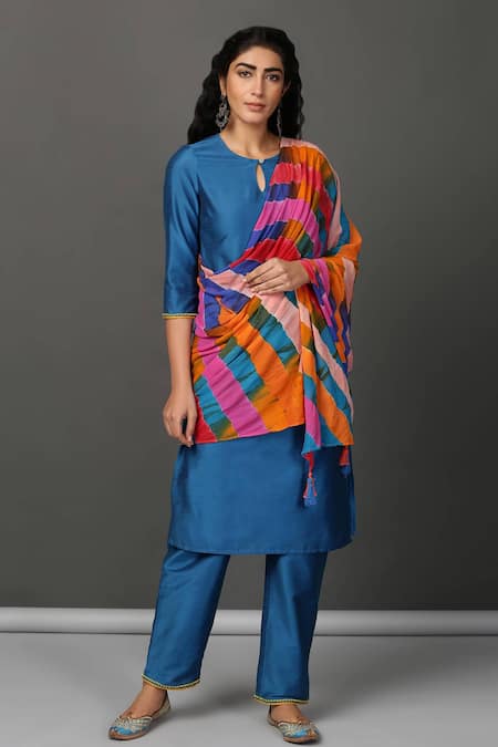 NUHH Blue Dupatta Viscose, Kurta And Pant Pst Silk Keyhole Set With Leheriya
