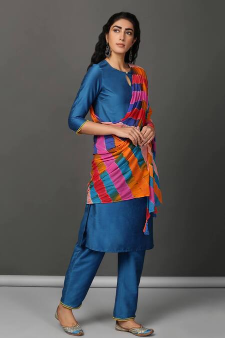 NUHH Blue Dupatta Viscose, Kurta And Pant Pst Silk Keyhole Set With Leheriya Online at Aza Fashions NUHH_Blue Dupatta Viscose, Kurta And Pant Pst Silk Keyhole Set With Leheriya_Online_at_Aza_Fashions