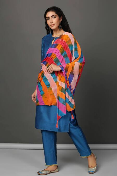 Buy NUHH Blue Dupatta Viscose, Kurta And Pant Pst Silk Keyhole Set With Leheriya Online at Aza Fashions Buy_NUHH_Blue Dupatta Viscose, Kurta And Pant Pst Silk Keyhole Set With Leheriya_Online_at_Aza_Fashions