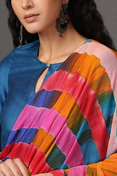 Shop NUHH Blue Dupatta Viscose, Kurta And Pant Pst Silk Keyhole Set With Leheriya Online at Aza Fashions Shop_NUHH_Blue Dupatta Viscose, Kurta And Pant Pst Silk Keyhole Set With Leheriya_Online_at_Aza_Fashions