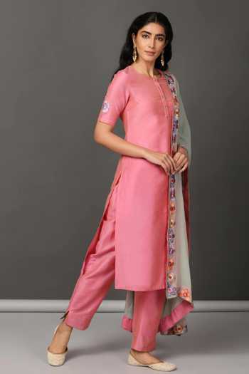 NUHH_Pink Dupatta Viscose Chiffon, Kurta And Pant Pst Silk Round Set With Embroidered _Online_at_Aza_Fashions
