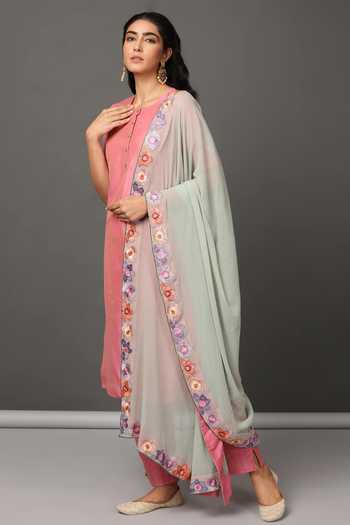 Buy_NUHH_Pink Dupatta Viscose Chiffon, Kurta And Pant Pst Silk Round Set With Embroidered _Online_at_Aza_Fashions