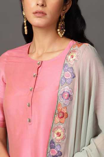Shop_NUHH_Pink Dupatta Viscose Chiffon, Kurta And Pant Pst Silk Round Set With Embroidered _Online_at_Aza_Fashions