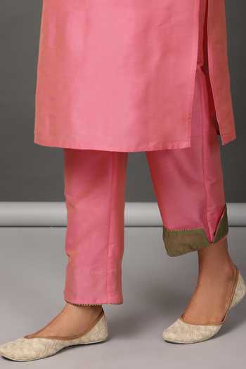 NUHH_Pink Dupatta Viscose Chiffon, Kurta And Pant Pst Silk Round Set With Embroidered _at_Aza_Fashions