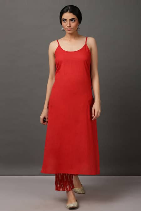 Buy_NUHH_Red Dupatta 100% Polyester Cami 100% Cotton, Kurta, Pant Ikat Print Set _Online_at_Aza_Fashions