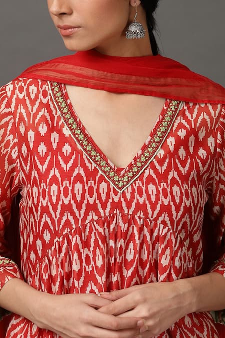NUHH_Red Dupatta 100% Polyester Cami 100% Cotton, Kurta, Pant Ikat Print Set _at_Aza_Fashions
