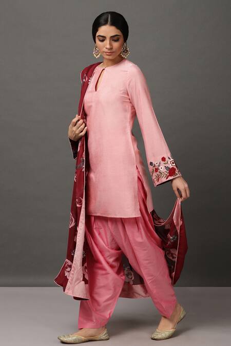 Buy_Nuhh_Pink 100% Polyester Round Straight Kurta Set _Online_at_Aza_Fashions